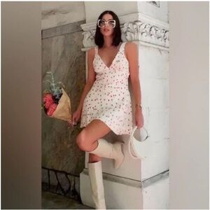 Zara Women's Deep V Neck Cherry Print Satin Mini Dress bloggers favourite medium